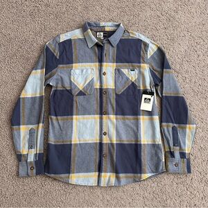 Reef Mens M Button Up Shirt Morris Woven Flannel Long Sleeve Blue Fog